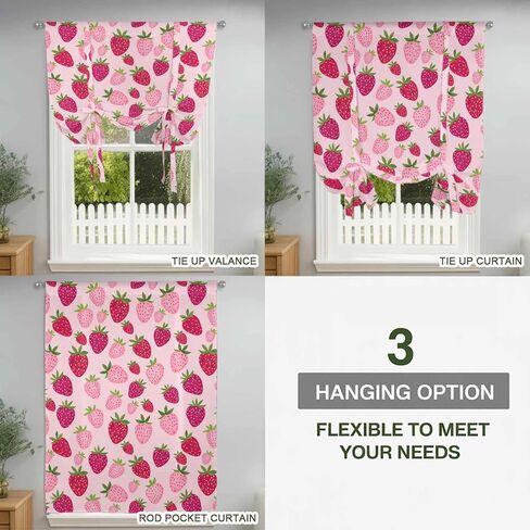 Red Pink Strawberry Tie Up Curtains for Window, Pink Lovely Summer Spring Fruit Thermal Insulated Balloon Shade Adjustable Rod Pocket Curtains Valance Panels for Kitchen Bathroom Café 42'' x 54'' in Saudi Arabia