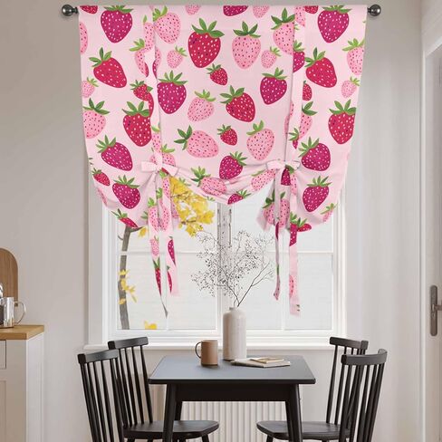Red Pink Strawberry Tie Up Curtains for Window, Pink Lovely Summer Spring Fruit Thermal Insulated Balloon Shade Adjustable Rod Pocket Curtains Valance Panels for Kitchen Bathroom Café 42'' x 54'' in Saudi Arabia