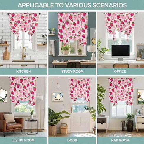 Red Pink Strawberry Tie Up Curtains for Window, Pink Lovely Summer Spring Fruit Thermal Insulated Balloon Shade Adjustable Rod Pocket Curtains Valance Panels for Kitchen Bathroom Café 42'' x 54'' in Saudi Arabia