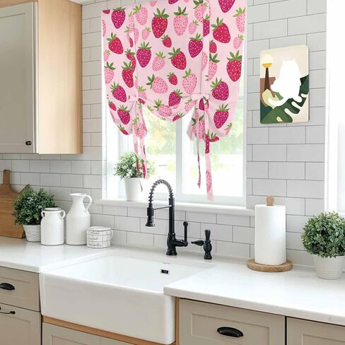 Red Pink Strawberry Tie Up Curtains for Window, Pink Lovely Summer Spring Fruit Thermal Insulated Balloon Shade Adjustable Rod Pocket Curtains Valance Panels for Kitchen Bathroom Café 42'' x 54'' in Saudi Arabia
