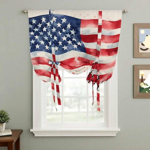 American Flag Tie Up Curtains for Window, Rustic Watercolor USA Flag Thermal Insulated Balloon Shade Adjustable Rod Pocket Curtains Valance Panels for Kitchen Bathroom Café 34'' x 45'' in Saudi Arabia