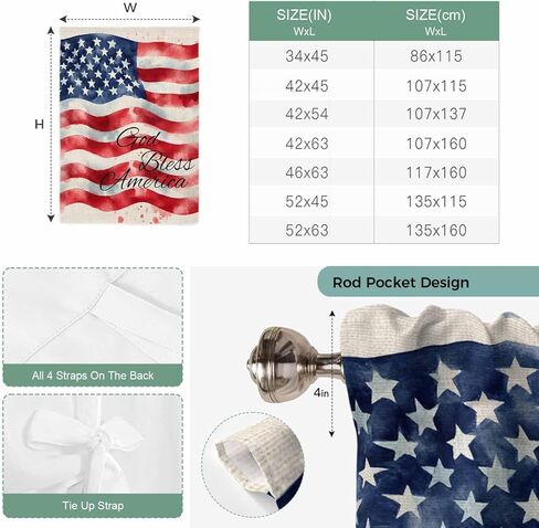 American Flag Tie Up Curtains for Window, Rustic Watercolor USA Flag Thermal Insulated Balloon Shade Adjustable Rod Pocket Curtains Valance Panels for Kitchen Bathroom Café 34'' x 45'' in Saudi Arabia