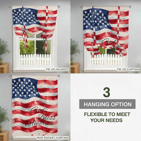American Flag Tie Up Curtains for Window, Rustic Watercolor USA Flag Thermal Insulated Balloon Shade Adjustable Rod Pocket Curtains Valance Panels for Kitchen Bathroom Café 34'' x 45'' in Saudi Arabia