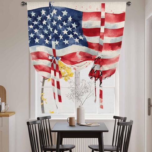 American Flag Tie Up Curtains for Window, Rustic Watercolor USA Flag Thermal Insulated Balloon Shade Adjustable Rod Pocket Curtains Valance Panels for Kitchen Bathroom Café 34'' x 45'' in Saudi Arabia