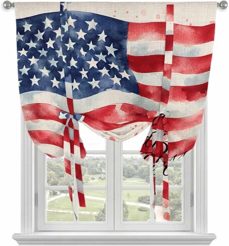 American Flag Tie Up Curtains for Window, Rustic Watercolor USA Flag Thermal Insulated Balloon Shade Adjustable Rod Pocket Curtains Valance Panels for Kitchen Bathroom Café 34'' x 45'' in Saudi Arabia