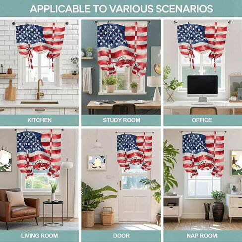American Flag Tie Up Curtains for Window, Rustic Watercolor USA Flag Thermal Insulated Balloon Shade Adjustable Rod Pocket Curtains Valance Panels for Kitchen Bathroom Café 34'' x 45'' in Saudi Arabia