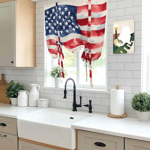 American Flag Tie Up Curtains for Window, Rustic Watercolor USA Flag Thermal Insulated Balloon Shade Adjustable Rod Pocket Curtains Valance Panels for Kitchen Bathroom Café 34'' x 45'' in Saudi Arabia