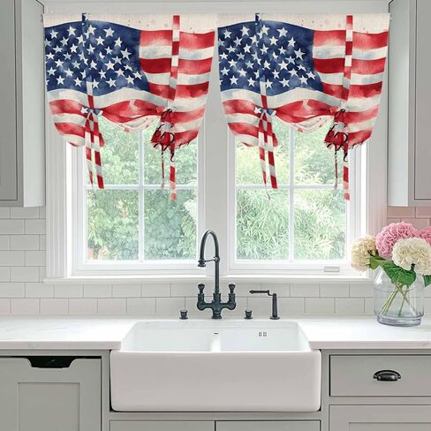 American Flag Tie Up Curtains for Window, Rustic Watercolor USA Flag Thermal Insulated Balloon Shade Adjustable Rod Pocket Curtains Valance Panels for Kitchen Bathroom Café 34'' x 45'' in Saudi Arabia