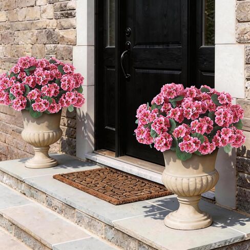 12 Bundles Artificial Geranium Flowers for Spring Summer Decor, UV-Resistant Fake Plants Realistic Faux Silk Bouquets for Front Door Farmhouse Garden Porch Home Outdoor Decor (Peach Pink) in Saudi Arabia