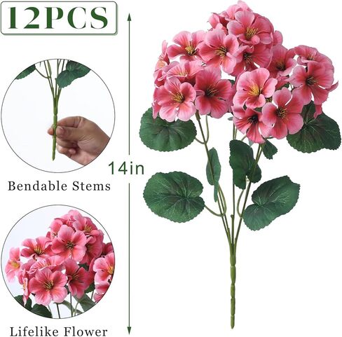 12 Bundles Artificial Geranium Flowers for Spring Summer Decor, UV-Resistant Fake Plants Realistic Faux Silk Bouquets for Front Door Farmhouse Garden Porch Home Outdoor Decor (Peach Pink) in Saudi Arabia