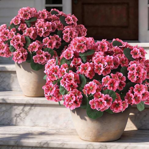 12 Bundles Artificial Geranium Flowers for Spring Summer Decor, UV-Resistant Fake Plants Realistic Faux Silk Bouquets for Front Door Farmhouse Garden Porch Home Outdoor Decor (Peach Pink) in Saudi Arabia