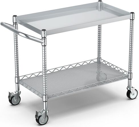 Leteuke 2 Tier Utility Tool Cart with Wheels, Heavy Duty Rolling Utility Carts with Handle, Commercial Grade Metal Serving Storage Cart for Warehouse Garage Kitchen, 25" D x 38.98" W x 40" H-Black in Kuwait