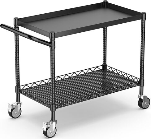 Leteuke 2 Tier Utility Tool Cart with Wheels, Heavy Duty Rolling Utility Carts with Handle, Commercial Grade Metal Serving Storage Cart for Warehouse Garage Kitchen, 25" D x 38.98" W x 40" H-Black in Saudi Arabia
