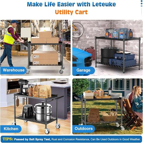 Leteuke 2 Tier Utility Tool Cart with Wheels, Heavy Duty Rolling Utility Carts with Handle, Commercial Grade Metal Serving Storage Cart for Warehouse Garage Kitchen, 25" D x 38.98" W x 40" H-Black in Saudi Arabia