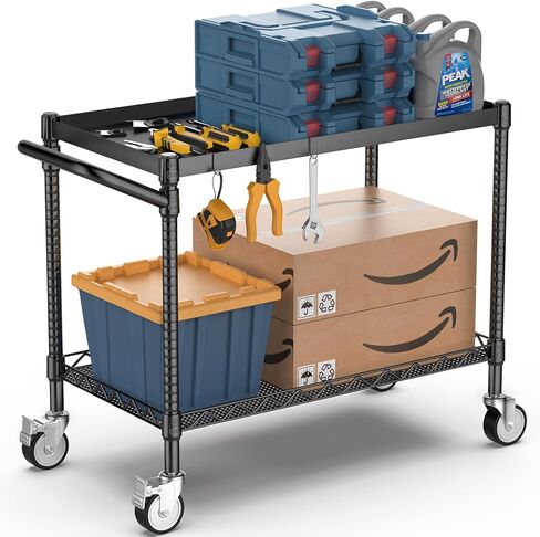 Leteuke 2 Tier Utility Tool Cart with Wheels, Heavy Duty Rolling Utility Carts with Handle, Commercial Grade Metal Serving Storage Cart for Warehouse Garage Kitchen, 25" D x 38.98" W x 40" H-Black in Saudi Arabia