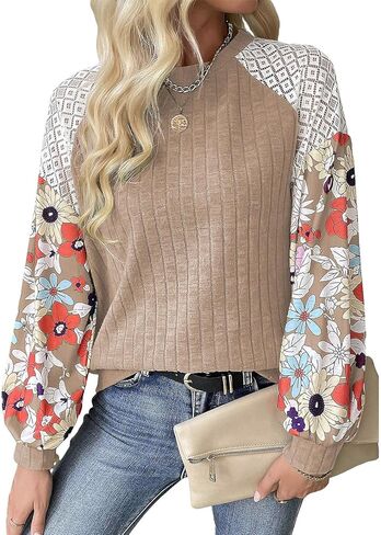 SELINK Womens Ribbed Knit Long Sleeve Top Casual Floral Print Loose Crewneck Pullover Shirts in Kuwait