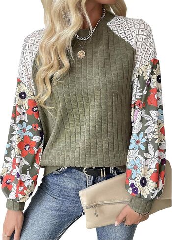 SELINK Womens Ribbed Knit Long Sleeve Top Casual Floral Print Loose Crewneck Pullover Shirts in Saudi Arabia