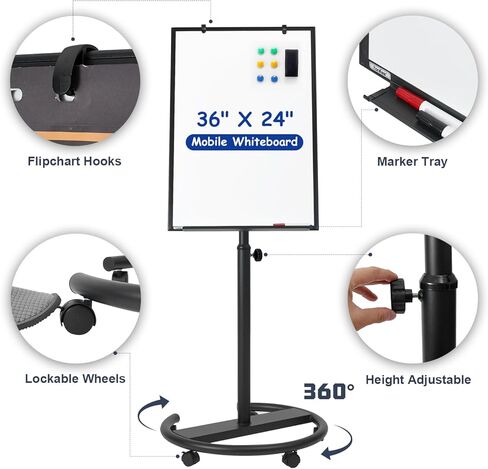 سبورة بيضاء متنقلة، 36 بوصة × 24 بوصة، لوحة بيضاء مغناطيسية محمولة على عجلات، لوحة مسح جافة واقفة قابلة للتعديل مع حامل، سبورة بيضاء متدحرجة على شكل حامل للفصل الدراسي، المكتب، المعلم، المنزل in Kuwait