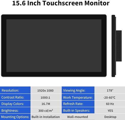 شاشة لمس 15.6 بوصة شاشة صناعية متعددة اللمس 1920*1080 | اتش دي ام اي ويو اس بي | مكبرات صوت مدمجة، شاشة لمس بإطار مفتوح لجهاز POI/POS/Kiosk/Automation، VESA in Kuwait