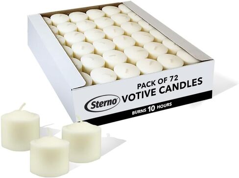 Sterno 72-Pack Votive Candles Bulk Pack - Long Lasting Tea Lights, Burns Up to 10 Hours - Unscented White Votive Candles for Indoors or Outdoors - Use as Party Decor or Centerpiece Table Decorations in Kuwait
