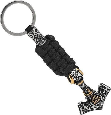 سلسلة مفاتيح Viking Thor Hammer - قلادة Mjolnir من الفولاذ المقاوم للصدأ مع حبل باراكورد مضفر، هدية تميمة Norse EDC للرجال (لكنة ذهبية) in Kuwait