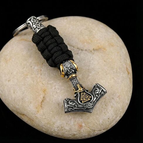سلسلة مفاتيح Viking Thor Hammer - قلادة Mjolnir من الفولاذ المقاوم للصدأ مع حبل باراكورد مضفر، هدية تميمة Norse EDC للرجال (لكنة ذهبية) in Kuwait