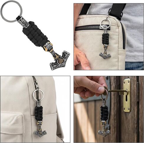 سلسلة مفاتيح Viking Thor Hammer - قلادة Mjolnir من الفولاذ المقاوم للصدأ مع حبل باراكورد مضفر، هدية تميمة Norse EDC للرجال (لكنة ذهبية) in Kuwait