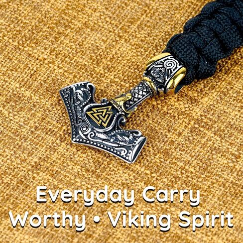 سلسلة مفاتيح Viking Thor Hammer - قلادة Mjolnir من الفولاذ المقاوم للصدأ مع حبل باراكورد مضفر، هدية تميمة Norse EDC للرجال (لكنة ذهبية) in Kuwait