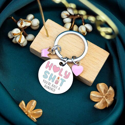 50th Birthday Gifts for Women Funny 50th Birthday Gifts for Her Holy Sh*t You're Half a Hundred Novelty Keychain Gift for 50 Year Old Woman Wife Sister Friend in Saudi Arabia