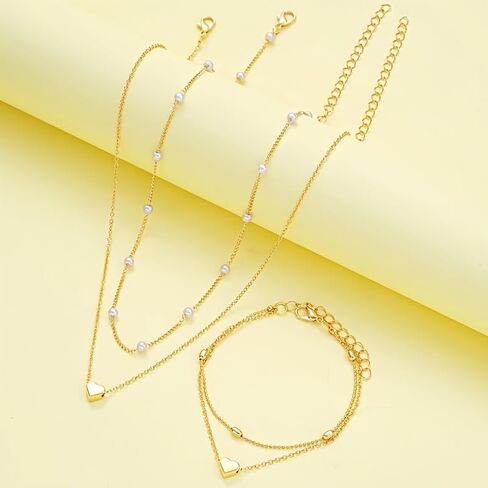 3-Piece Heart Pearl Necklace & Bracelet Set, Adjustable, Women's Daily/Gift Jewelry. in Saudi Arabia