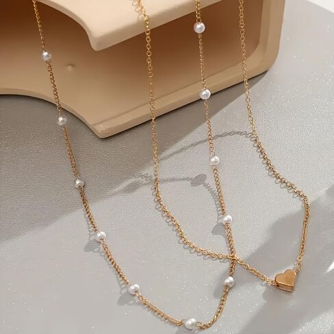 3-Piece Heart Pearl Necklace & Bracelet Set, Adjustable, Women's Daily/Gift Jewelry. in Saudi Arabia