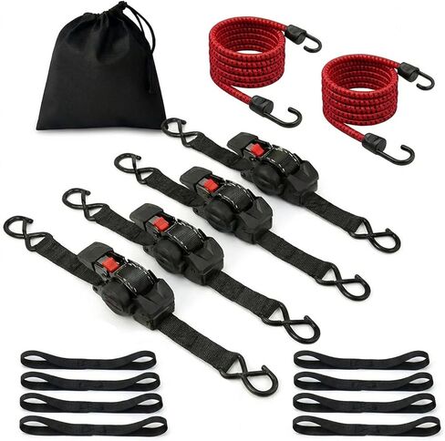 Retractable Ratchet Straps (4 Pack) - 1" x 10 ft Heavy Duty Tie Downs with Auto Retract and 1650 lb Break Strength for Cargo Trailer, Motorcycle, ATV - Includes Soft Loops and Bungee Cords in Saudi Arabia