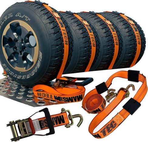 Premium Car Hauler Tie-Down Straps, 4 Pack – 10,000 lb Break Strength, DOT-Compliant Ratchet System with Swivel J-Hooks & Tire Cleats, 2" x 12’ for Professional Auto Transport in Saudi Arabia