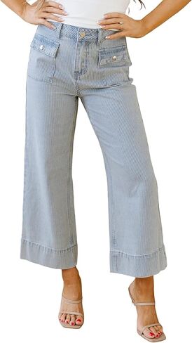 EARKOHA Women's Jeans Sky Blue Stripe Button Flap Pocket Cuffed Hem Wide Leg Jeans in Kuwait