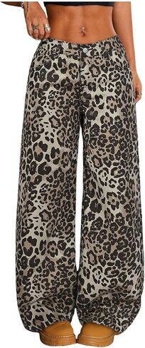 WDIRARA Women's Leopard Baggy Jeans Streetwear Low Waisted Wide Leg Denim Pants with Pockets in Saudi Arabia