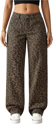 WDIRARA Women's Leopard Baggy Jeans Streetwear Low Waisted Wide Leg Denim Pants with Pockets in Saudi Arabia