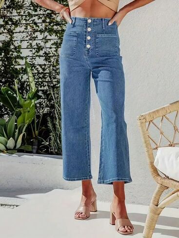 Women’s High Waisted Wide Leg Jeans for Women Stretch Cropped Denim Pants Button Front Casual Loose Fit Summer Fall Jeans in Saudi Arabia