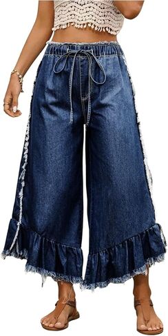 WDIRARA Women's Plus Size Ruffle Wide Leg Cropped Jeans Drawstring Waist Frayed Denim Pants in Saudi Arabia