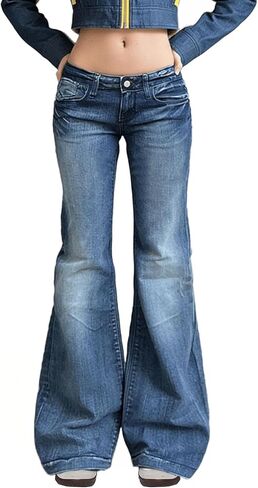 Low Waisted Flared Jeans for Women Stretch Denim Bell Bottom Pants Y2K Retro Casual Baggy Jeans in Kuwait