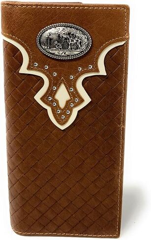 Western Genuine Leather Basketweave Metal Concho Mens Long Bifold Wallet in Multi Emblem (Brown Praying Cowboy) in Saudi Arabia