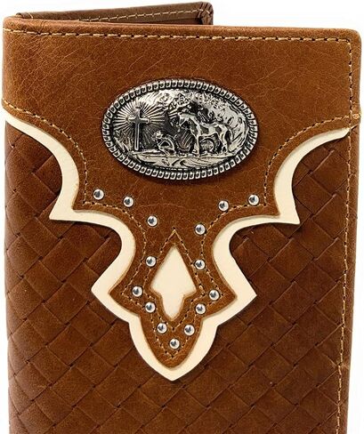 Western Genuine Leather Basketweave Metal Concho Mens Long Bifold Wallet in Multi Emblem (Brown Praying Cowboy) in Saudi Arabia