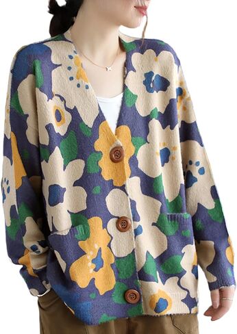 LZJN Women's Cardigan Sweater Graphic Printed Oversized V-Neck Casual Loose Knit Outwear with Pockets in Kuwait