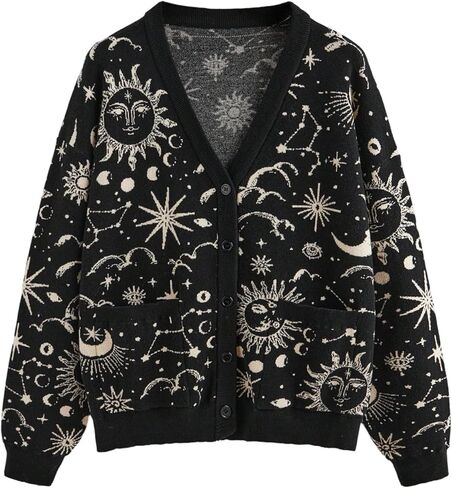 WDIRARA Women's Plus Size Sun Graphic Button Up Cardigan Sweaters Long Sleeve V Neck Knit Outerwear in Saudi Arabia