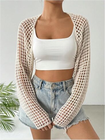 OYOANGLE Women's Hollow Out Bolero Shrugs Long Sleeve Open Front Cropped Sweater Cardigan in Saudi Arabia