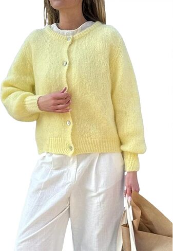 Seyurigaoka Women’s Long Sleeve Crew Neck Button Down Cardigan Sweater Open Front Loose Soft Knit Sweater Coats in Kuwait