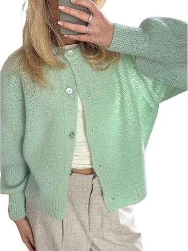 سترة نسائية Seyurigaoka بأكمام طويلة وفتحة رقبة دائرية وأزرار سفلية ومفتوحة من الأمام ومعاطف سترة متماسكة ناعمة in Kuwait