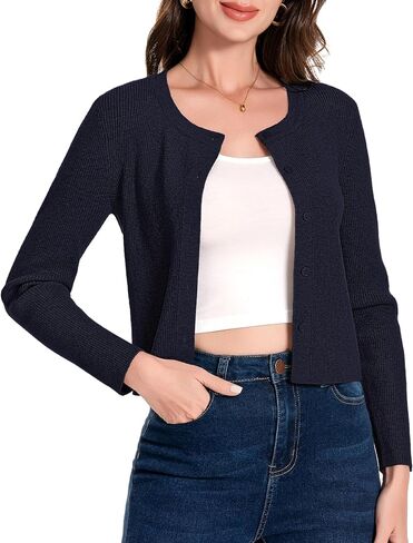 Women's Cropped Lightweight Knit Cardigan Long Sleeve Open Front Button Down Cardigan Sweaters Crew Neck Sweater Shrug in Kuwait