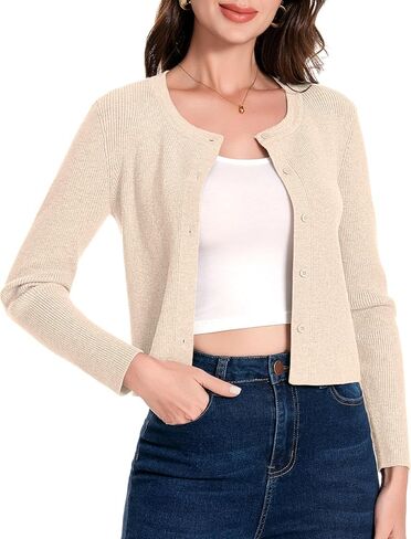 Women's Cropped Lightweight Knit Cardigan Long Sleeve Open Front Button Down Cardigan Sweaters Crew Neck Sweater Shrug in Saudi Arabia