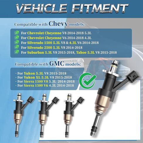 FJ1217 Fuel Injector Set of 8 - Compatible with 2014-2018 Chevy Silverado 1500/2500 5.3L V8 & 4.3L V6, GMC Sierra 1500 5.3L V8 & 4.3L V6 - Replaces 12668390 12672368 0507307218 in Kuwait