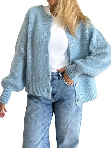 Seyurigaoka Women’s Long Sleeve Crew Neck Button Down Cardigan Sweater Open Front Loose Soft Knit Sweater Coats in Saudi Arabia